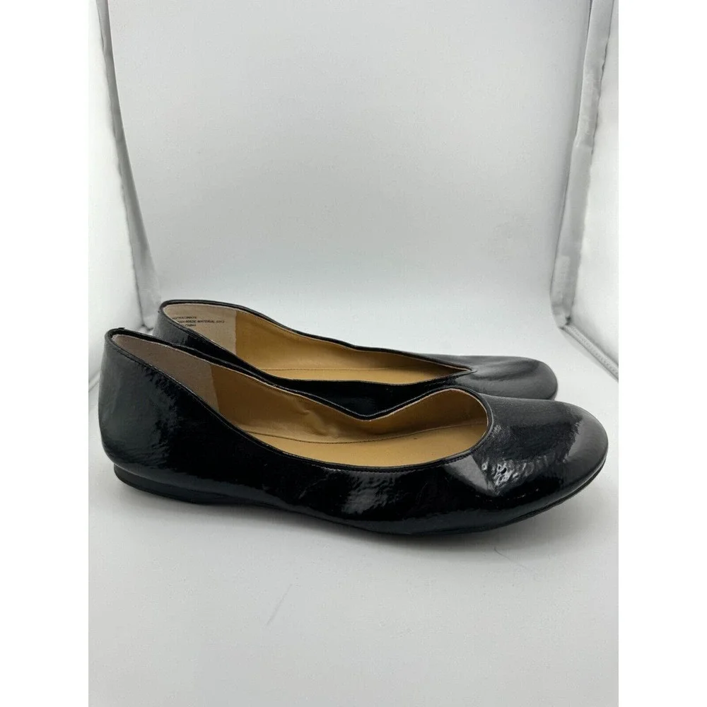 Nine West Fascinate Ballet Flats Size 7.5M Black Patent Leather Round Toe Shoes‎